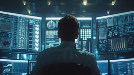 The man is focused on the screens