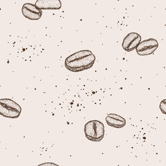 Coffee beans on a beige background. Dot drawing in brown color. Coffee background. Seamless pattern, vector illustration.