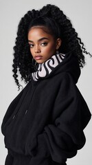 Fototapeta premium La modelo luce un conjunto urbano con un abrigo negro y un cuello de alta moda, destacando su cabello rizado.