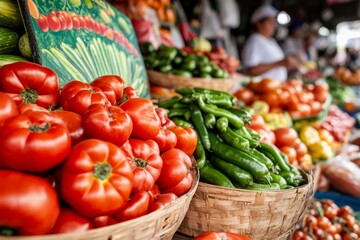 A bustling marketplace with a colorful advertising board above a stall, promoting fresh produce with vibrant illustrations