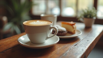 Latte art coffee with cheesecake and pastry on wooden table in cafe