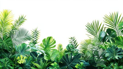 Lush Tropical Greenery Border on White Background