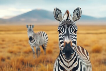 Fototapeta premium A close-up of a zebraâ€™s black-and-white stripes, with another zebra faintly visible in the blurred background