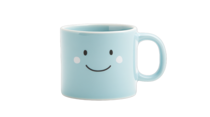 Smiling blue mug, cheerful design for coffee or tea lovers, perfect for home or office, adds a fun touch to any setting. Isolated on white background or PNG