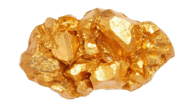 Natural gold nugget, shiny metallic gold cluster with rough, uneven surface, ideal for showcasing wealth and luxury themes. Isolated on white background or PNG