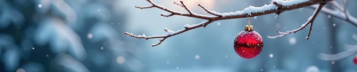 Obraz premium Snowy branch with festive ball hanging from twig, frost, frozen, branch