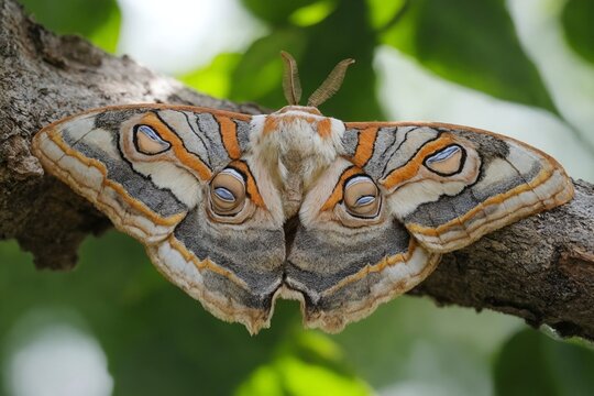 Una polilla majestuosa se posa sobre una rama, mostrando sus alas coloridas y detalles fascinantes en un entorno natural.