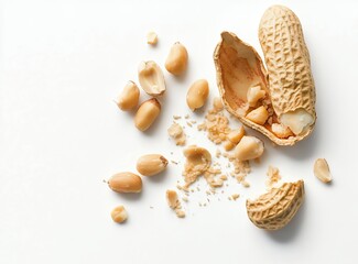 Shelled Peanuts and Fragments on White Background