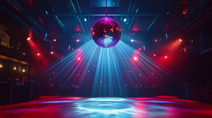 Dazzling disco ball suspended in a dark nightclub, refracting colorful light beams across the dance floor. Mirror Shine. Illustration