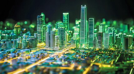 Obraz premium Futuristic cityscape at night with macro grid illustration showcasing neon lights creating a vibrant urban atmosphere.