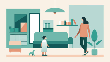 Modern Family Happiness: A Mother and Child's Joyful Exploration of a Bright, Open Living Space. Perfect for Mother's Day cards, websites, blogs, and social media posts celebrating