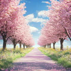 Beautiful view of a street with blooming cherry trees in spring