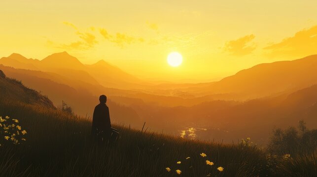 Serene Sunset Contemplation on a Mountaintop - Powered by Adobe