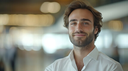 Obraz premium Young businessman exudes confidence in a bustling airport, embodying determination and focus.