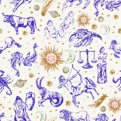 Hand drawn zodiac signs seamless pattern with sun, moon, planets, comet, stars.