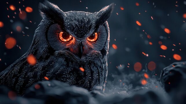 Biomechanical owl with glowing stealth mode activated, silently perched in a metallic world, 3D illustration