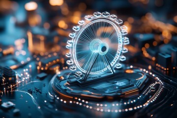 Fototapeta premium A futuristic Ferris wheel with transparent cabins glowing neon blue, spinning in a floating amusement park surrounded by holographic attractions