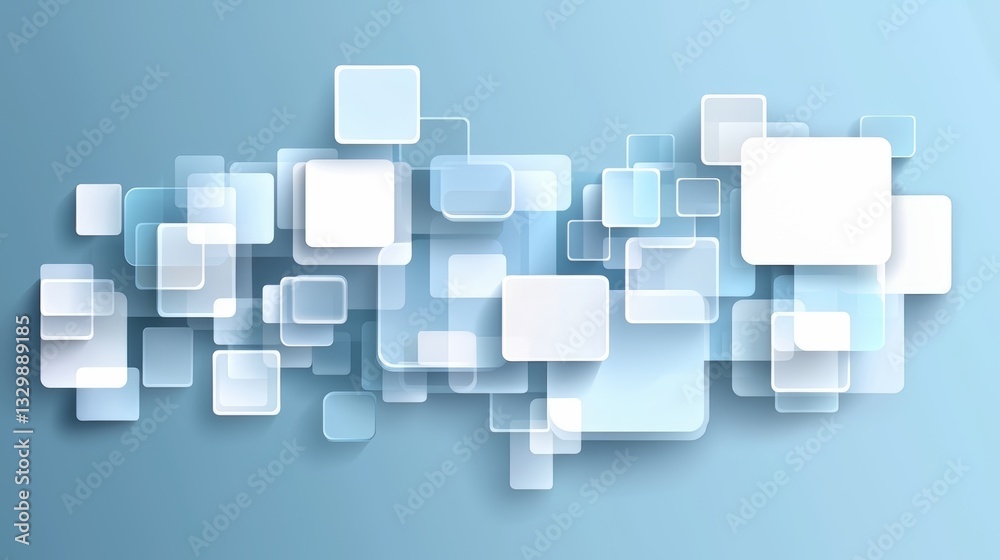 Fototapete Blue background with many white squares. The squares are all different sizes and shapes. The squares are arranged in a way that creates a sense of movement and depth. The image is abstract
