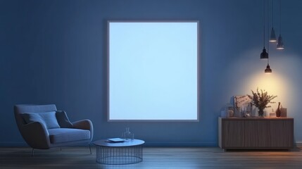 Evening room mockup; blank canvas, armchair, sideboard