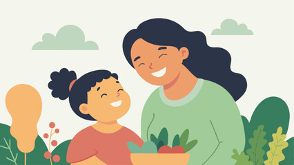Happy Mother's Day: A heartwarming flat color illustration of a mother and child sharing a tender laugh while gardening together, symbolizing love, joy, and the precious bond      