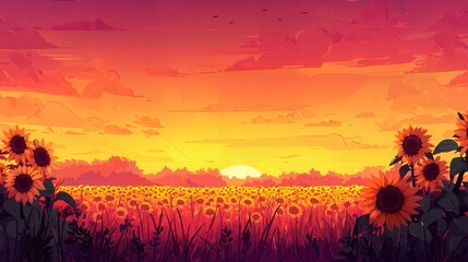 Vibrant Sunset Over a Sunflower Field