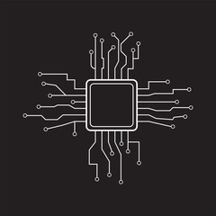 Abstract Technology Background circuit board pattern icons. cpu with circuit board. Ai chip electronics and connected dots. Data tech bg black flat and line motherboard vector Communication concept.