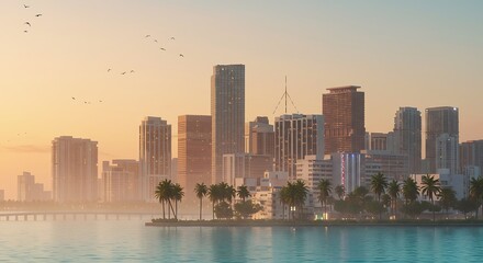 Naklejka premium Miami Skyline at Sunrise: A Breathtaking Golden Hour View