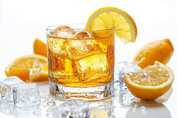 Refreshing Citrus Drink with Ice Cubes in Glassware Featuring a Vibrant Yellow