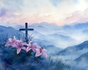 Cross, lilies, mountain sunrise.