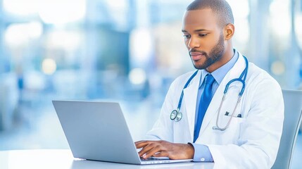 Medical professional utilizing laptop technology in healthcare setting, enhancing patient care and streamlining workflow