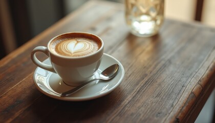 Fototapeta premium Cup of latte art on a wooden table with a golden glass in the background