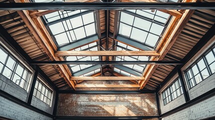 Fototapeta premium A warehouse-style industrial ceiling with skylights and metal framework in a spacious loft.