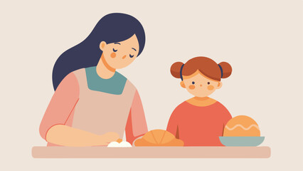 Fototapeta premium Mother's Day Baking: A heartwarming flat color illustration of a mother and daughter bonding while joyfully creating artisan bread together. Perfect for cards, websites, and blogs 