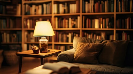 Cozy home library interior with illuminated lamp and sofa in the evening
