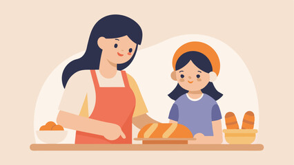 Fototapeta premium Mother's Day Baking: A heartwarming flat color illustration of a mother and daughter bonding while joyfully creating artisan bread together. Perfect for greeting cards, blogs, and 