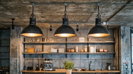 Obraz premium An industrial-style space with a concrete ceiling and pendant lights hanging over a workspace.