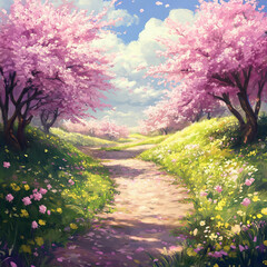 Beautiful view of a street with blooming cherry trees in spring