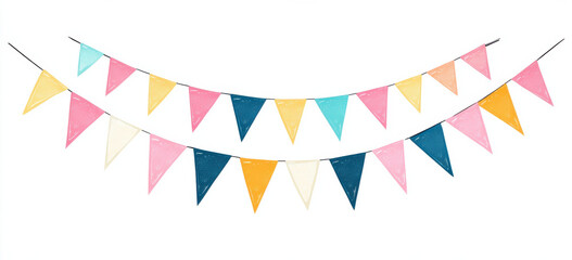 Colorful party flag garland in pink, yellow, blue, and white, perfect for celebrations and festive occasions. Add cheerful touch to any event with this vibrant decoration