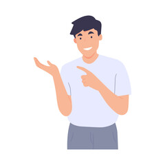 Man standing, pointing finger hand. Male smart introduce advertisement products. Flat vector illustration. 