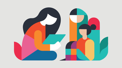 Modern Art Mother's Day: Happy Mom and Daughter Creating Abstract Artwork Together. Flat Color Illustration Perfect for Cards, Banners, and Social Media. Celebrate the special bond