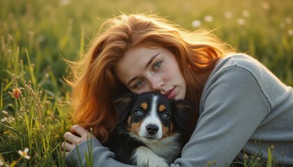 Young Woman Embracing Dog in Meadow at Sunset - Affectionate, Peaceful, Natural Beauty