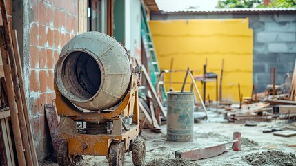 A small portable cement mixer on a residential construction site, surrounded by tools and materials.