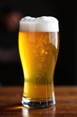 tall glass of amber beer with frothy white head on wooden table against dark background. refreshment, beer tasting, pub atmosphere. print design, beverage menu, bar promotion.