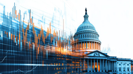 image features stock market graph overlaying Capitol building, symbolizing intersection of finance and government