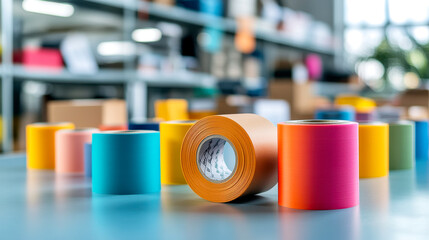 A vibrant assortment of rolls of colored tape arranged on a table, showcasing a variety of hues in a creative workspace.
