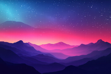 stunning starry sky over colorful mountain landscape at dusk, showcasing vibrant hues of purple, pink, and blue. serene atmosphere evokes sense of wonder and tranquility
