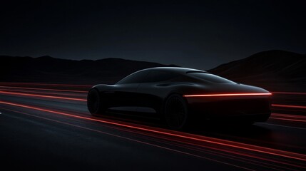 Naklejka premium Sleek Black Electric Car Driving on a Dark Desert Road at Night