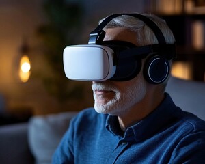 A man wearing a virtual reality headset and headphones, immersed in an engaging digital experience in a cozy, softly lit environment.