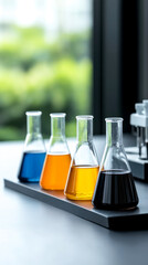 Colorful laboratory flasks filled with liquids in varying shades, arranged on a black surface, set against a backdrop of greenery.