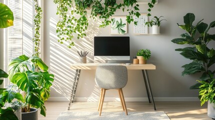 Serene Home Office with Abundant Greenery and Sunlight